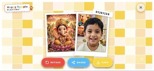 A child's photo composited into a temple photo frame with Retake, Share and Save buttons