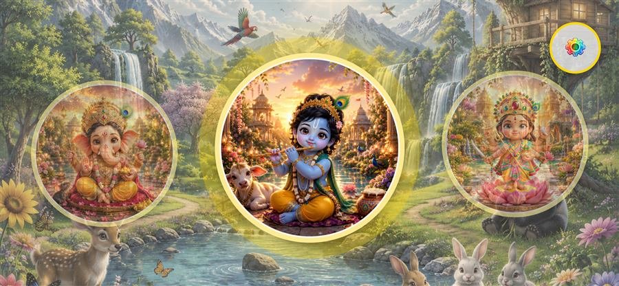 Interactive story world with circular portraits of deities set in a magical nature scene